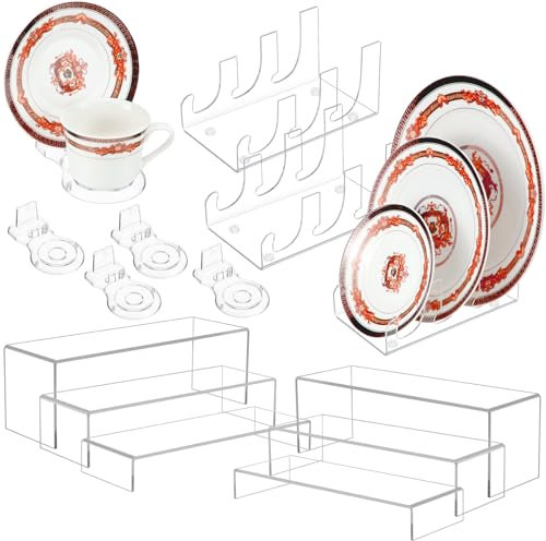 Teenyyou 12 Pcs Acrylic Display Risers 6 Pieces Clear Rectangular Display Stands 2 Pieces 3 Tier Plate China Display Stands and 4 Pieces Teacup & Saucer Racks for Tableware Display Organizer