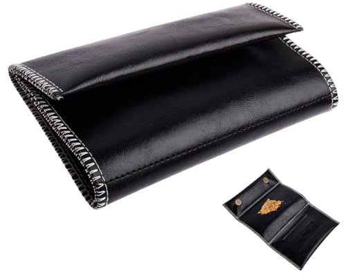 Tabaktasche Leder, Premium Faltbar PU Leder, Tabakbeutel mit Magnetverschluss, Drehbeutel mit extra Reißverschlußfach für Raucher, Schwarz