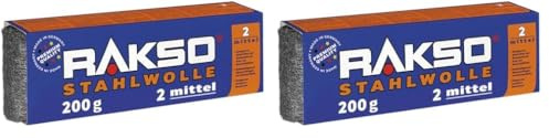RAKSO Stahlwolle mittel 2-200g, 1 Banderole, alte Wachs -, Politurreste abtragen, Wachs auftragen, reinigt metallene Gussformen (Packung mit 2)