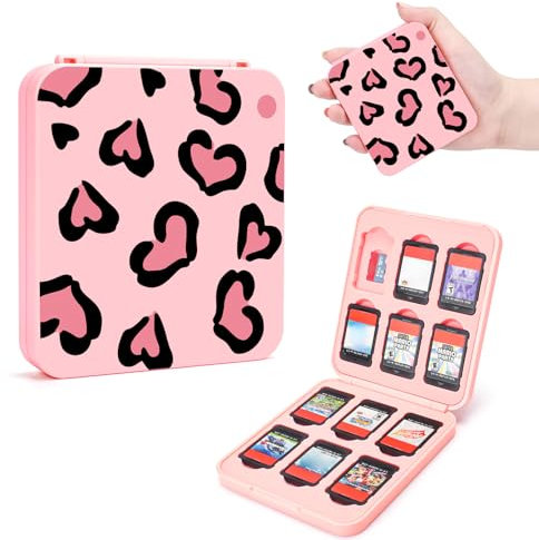 DLseego Game Card Case for Switch/OLED/Lite,Love Leopard Print Storage Holder Box with 12 Game Cards and 12 Micro SD Card Slots,Pink