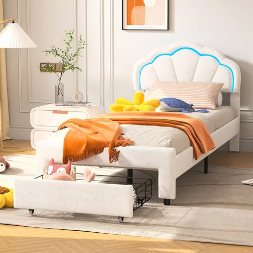 KEFSR 90x200 Kinderbett Polsterbett, Kinderbett mit LED, Blüten-Einzelbettgestell mit Lattenrost, Verstellbares Kopfteil, Samtstoff Prinzessinnenbett. (Weiß+Samtstoff, 90x200)