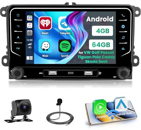 Hikity 8 Core/4+64G Autoradio Android 15 per VW Golf 5 6 Tiguan Caddy Polo Touran con Wireless CarPlay Android Auto 7 Schermi Tattili GPS 59UI DSP SWC Radio FM/RDS WiFi 3USB & Type-C +Retrocamera+MIC