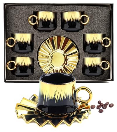 12-Piece Turkish Coffee Cup Set with Saucers, 3.5oz Ceramic Espresso Cups, Gold Rim Black Design, Stackable Porcelain Mugs Service for 6 People, Dishwasher Safety