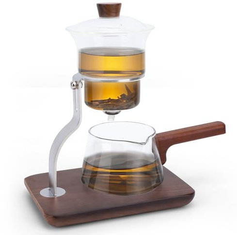 650 ml Lazy Kungfu Drip Teekanne, hitzebeständiges Tee-Set, magnetische Glas-Teekanne, halbautomatische Glas-Teekanne, Anzug für magnetisches Wasser, Holzglas-Teekannen-Set