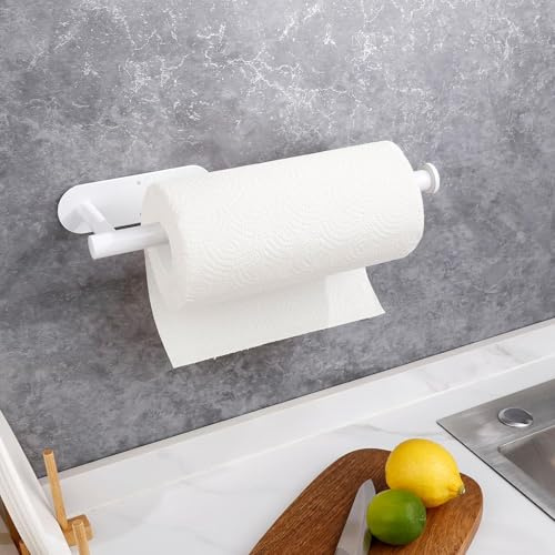 Portarrollos Cocina, Portarrollos Cocina Adhesivo Acero Inoxidable, Porta Rollos Papel Cocina, Soporte Rollo Papel Cocina Pared para Cocina y Baño (Blanco)