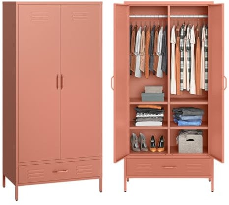 skølm Kleiderschrank Atria, Metallkleiderschrank mit 2 Türen und Schublade, Metallschrank 4 Fächer und Kleiderstange, Schrank terrakotta 170x80x45 cm (HxBxT)