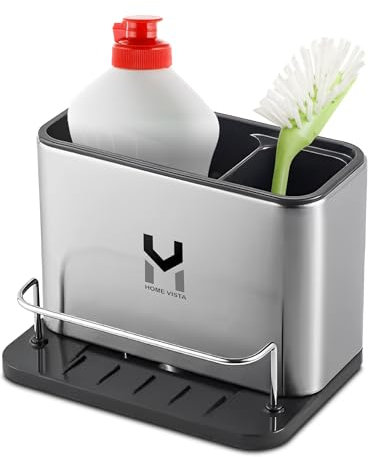Home Vista Kitchen Sink Caddy with Removable Drip-Steel Sink Tidy Organiser-Sponge Holder for Kitchen Sinks Surface-No Drilling Rustproof Washing Up Organizer for Spoons and More