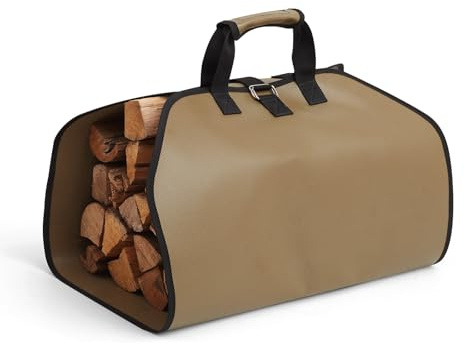 PAWBOSE Brennholztasche und feuerfeste Kaminmatte, tolles Geschenk für die Hütte, große Brennholz-Tragetasche mit Griffen, schützt Fußböden und Teppiche vor Funken und Glut – Tan
