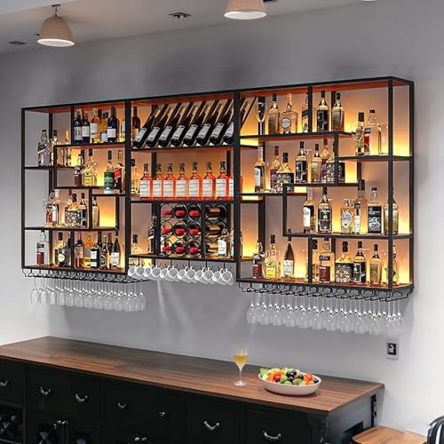 Generico Portabottiglie Industriale da Parete con portabicchieri, ripiano in Metallo per Bottiglie di Vino, portabottiglie a LED sospeso per Cucina, Cantina e Bar (Nero 280 cm)