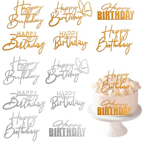 12 Stück Happy Birthday Deko Torte Glitzer, Acryl Tortendeko Geburtstag Gold und Silber, Spiegel Happy Birthday Cake Toppers, Seitliche Torten Topper Geburtstag, Tortenstecker Geburtstagstorte