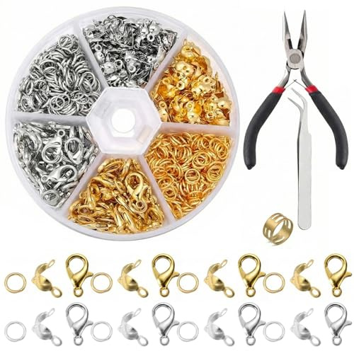 Kettenverschluss, 460 Stück Armband Verschluss Set, Biegeringe, Ketten Verschlüsse, Schmuckverschluss, Karabinerverschluss für Schmuckherstellung, mit Schmuckzange Osenöffner(Gold+Silver)