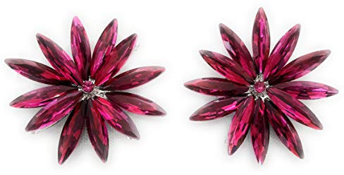 Pendientes Cristales Colores Mujer Fiesta Boda Pendientes Elegantes con Forma de Flor y Dorso Chapado Plata, Fucsia