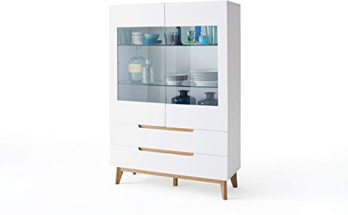 Newfurn Vitrine Vitrinenschrank Skandinavisch Holzvitrine II 107x158x 40 cm (BxHxT) II [Isaac.Three] in Eiche/Weiß Wohnzimmer Schlafzimmer Esszimmer Flur Diele