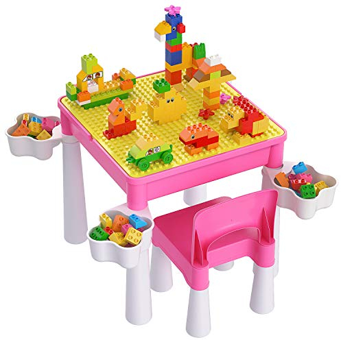 burgkidz Kindertisch mit Stühle, Kinder Tisch Stuhl Set für Prinzessin Mädchen mit 128 Stück Große Kreative Bausteinen, Lernspielzeug für die Frühkindliche Entwicklung, Rosa