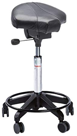 Rollhocker Sattelstuhl, 61-80 cm Sitzhöhe, Leder, Fußring, schwarz
