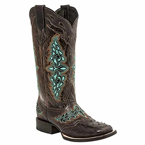 BBOOY Stivali Western da Donna, Stivali da Equitazione Vintage con Tacco Grosso Cowgirl Cowboy a metà Polpaccio con Punta Quadrata in Pelle Ricamata,Marrone,38