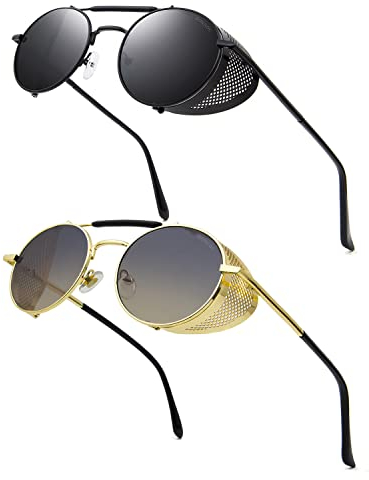 RONSOU Steampunk Stil Rund Vintage Sonnenbrillen Retro Brillen UV400 Schutz Metall Rahmen Schwarz Rahmen Grau Linse Gold Rahmen Gradient Braun Linse