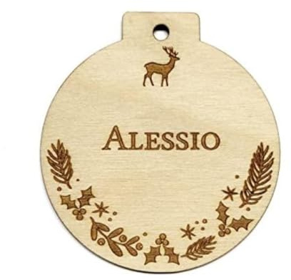 Adzif.biz Le sticker de decoration – Personalisierbare Weihnachtskugel aus Holz – Weihnachtsanhänger mit Namen – Holz Christbaumkugel zum Aufhängen