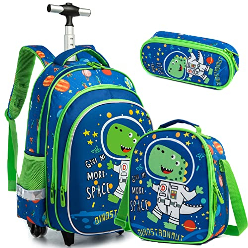 Rucksack Junge Schulranzen Trolley Schulrucksack Mädchen Teenager 3PCS 17” Kinder Schultrolley Geeignet für Schule und Reise Essensbeutel und Federmäppchen Grüner Dinosaurier Rollenrucksack