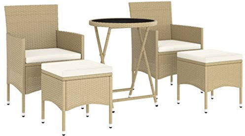 vidaXL Garten Bistro Set 5-TLG., Gartenmöbel Tisch 2 Stühle 2 Fußbänke, Gartengarnitur mit Stahlrahmen, Sitzgruppe Terrassenmöbel, Poly Rattan Hartglas Beige