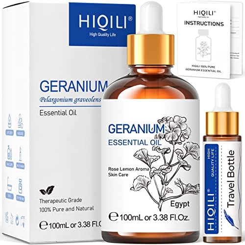HIQILI Geranium Essential Oil, 100% Pure & Natural for Aromatherapy, Diffuser, Spray, Skin, Hair, Body Wash, Soap & Candle Making - 100ml