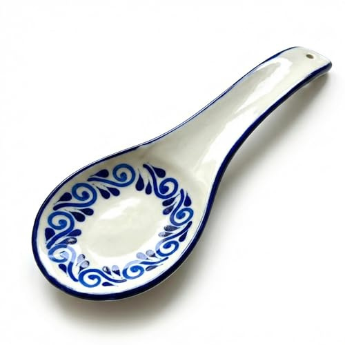 White Spoon Rest - Hand Painted Ceramic Talavera Kitchen Utensil Holder for Counter Stove Top - Made in Mexico Ladle Rest - Dishwasher Safe - Mexican Style - Porta Cucharas White - Flores Circulares