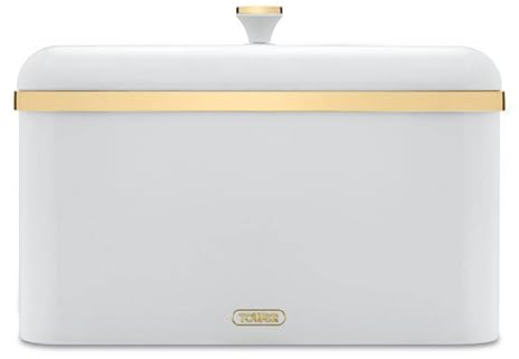 Tower Cavaletto Bread Bin in Optic White with Brushed Champagne Gold Accents. Modern & Contemporary Kitchen Storage
