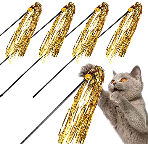 Cobee Interaktives Zauberstab Spielzeug für Katzen, 5 Stück Kätzchen Spielzeug Zauberstab mit Glöckchen und Klangpapier für Indoor Charme Teaser, buntes Band, Trainingstrainer und Kätzchenfänger