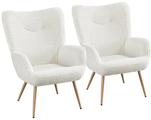 Yaheetech Ohrensessel 2er Set Modern Sessel Armsessel Lehnsessel Polsterstuhl mit Holzbeine bis 136 kg Belastbar 81 x 73,5 x 98 cm Weiß