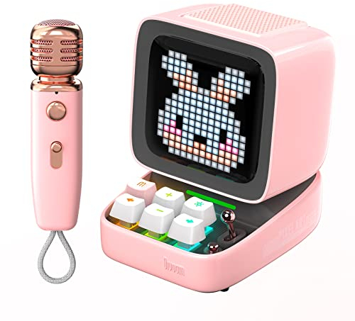 Divoom Ditoo-Mic Pixel Art LED tragbarer Bluetooth-Lautsprecher mit drahtlosem Karaoke-Mikrofon, App-gesteuertem Bildschirm, RGB-Tastatur, Spielen, Alarmen für Erwachsene/Kinder, Home Party