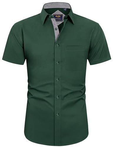 J.VER Men's Short Sleeve Dress Shirt Regular Fit Business Casual Work Office Stretch Non Iron Formal Shirt Button Down Wedding Dark Green XL