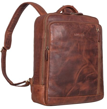 STILORD 'Kaleb' Laptoprucksack Leder Business Rucksack Groß Lederrucksack mit Laptopfach 15 Zoll und Trolley Aufstecksystem Vintage Echtleder, Farbe:kara - cognac
