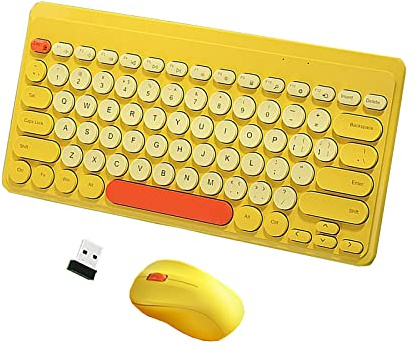 Keyboard and Mouse Combo,2.4G Wireless 79 Cute Round Keys Small Keyboards Silent and 1600 DPI Optical Mice Set (Yellow)