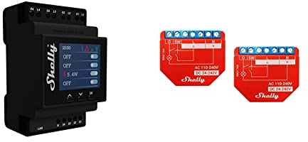 Shelly Pro 4PM Professioneller Relaisschalter 4 Kontakte, Wi-Fi für Hausautomation, schwarz & Plus 1PM Bluetooth und Wi-Fi-Gerät zur Automatisierung von elektrischen Geräten (2er Pack)