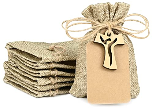 FORMIZON 24PCS Sachet Dragées Communion, Pochette Baptême avec Cordon de Serrage, Jute Pochette, Communion Bonbons pour Bijoux Cadeau Fête Anniversaire Noël (Croix)