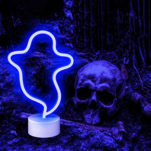 BringLuck2U LED Neonlicht Geist mit Ständer - Batterie/USB - Wanddekoration für Weihnachten, Geburtstagsfeier, Kinderzimmer, Wohnzimmer, Hochzeitsfeier (Blau)
