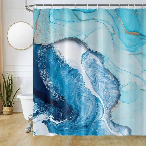 Uiiooazy Rideau Douche Anti Moisissure, Rideau de Douche 180x200cm Bleu Ciel Effet Marbre Bleu Blanc Rideaux de Baignoire Tissu Lavable Imperméable Polyester Rideaux Salle de Bain avec 12 Crochets