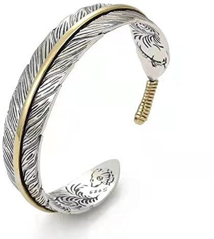 Cutenation S925 Antique Sterling Silver Wide Feather Cuff Bracelet For Men Women Adjustable Retro Twisted Feathers Bracelets Gift Jewelry (Feather)