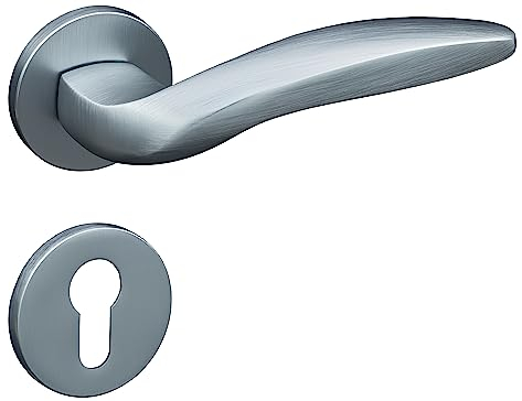 Gavroche Türgriffe Set PZ Profilzylinder| Türklinken für Innentüren in Silber Matt Chrom | Drückergarnitur für Zimmertür mit runder Rosettengarnitur aus Aluminium | Türbeschlag in L-Form