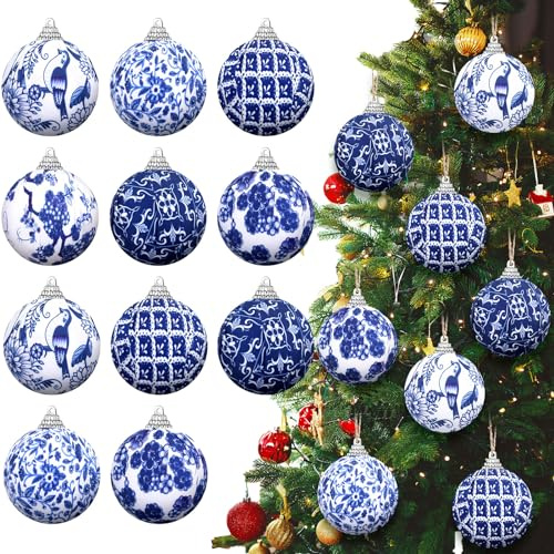 Preboun 12 palline di cineserie blu e bianche da appendere all'albero di Natale, ornamenti da appendere all'albero di Natale, decorazioni natalizie in cineserie avvolte in tessuto per feste (7,9 cm)