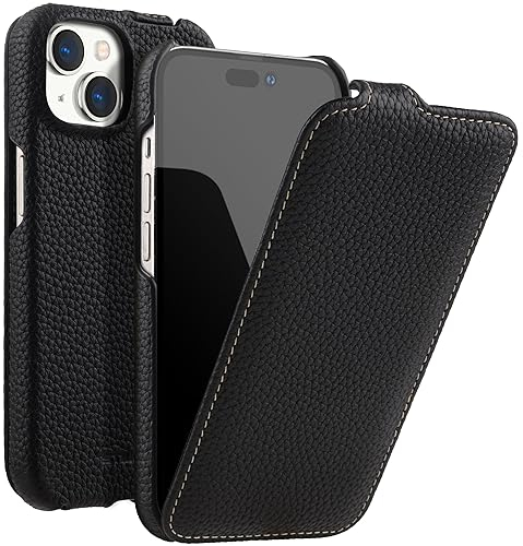 STILGUT UltraSlim kompatibel mit iPhone 15 Plus Hülle - Case kompatibel mit MagSafe aus Leder, Klapphülle, Handyhülle, Lederhülle - Schwarz
