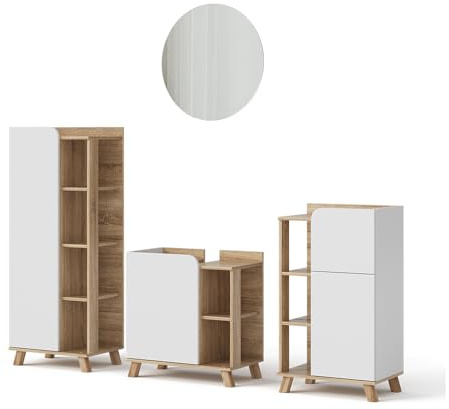 Vicco Badmöbel-Set Karen, Sonoma/Weiß 60 cm | 4-teilig · Waschtischunterschrank · Spiegel · Midischrank · Badregal