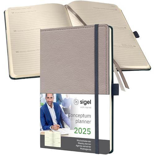 SIGEL C2553 Wochenplaner Wochenkalender 2025, Lederoptik, ca. A5, beige, Hardcover, 192 Seiten, Gummiband, Stiftschlaufe, Archivtasche, aus nachhaltigem Papier, Conceptum