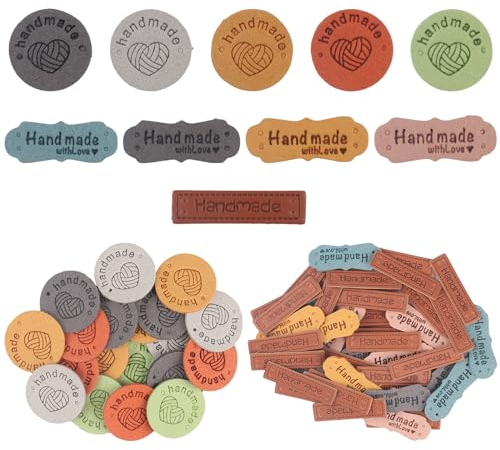 70 Stück Handmade Label zum Annähen, Lederetiketten Labels Zum Annähen, Handgefertigte Etiketten, PU Leder Lederetiketten zum Annähen mit Löchern & Liebes Herz für DIY Nähen Stricken Häkeln