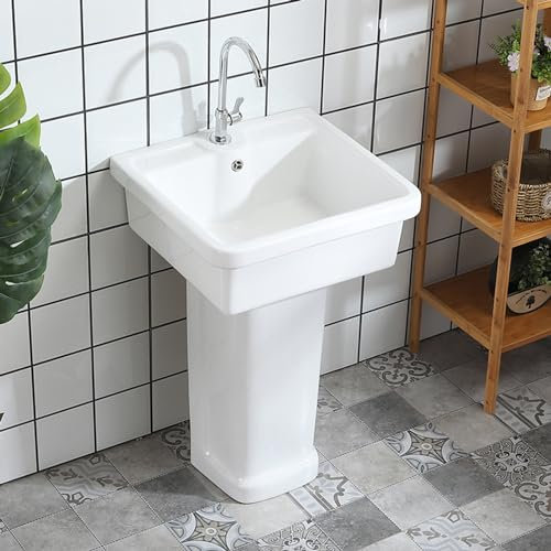Lavabo sur pied, lavabo sur pied blanc, lavabo de salle de bain sur colonne traditionnel, lavabo de salle de bain domestique avec robinet et drain combiné, lavabo de salle d'eau