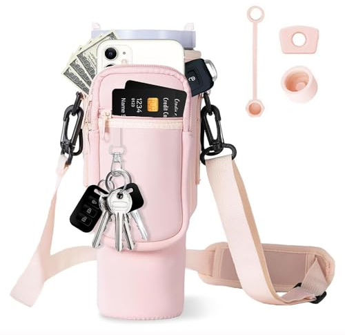 ZAPZEAL Water Bottle Carrier Bag with Phone Pocket Pouch Shoulder Strap and Silicone Spill Proof Stopper Set of 3, Compatible for Stanley 40Oz Tumbler Cup Accessories (Pink)