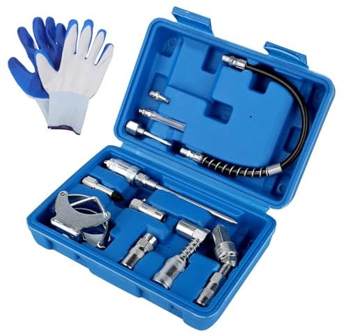NQEUEPN 11pcs Grease Gun Accessory Kit with a Glove, Grease Gun Coupler Set Grease Injector Needle Tip Boxed Fitting Kit