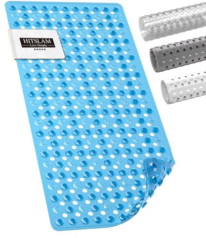 HITSLAM Tapis de Baignoire Antidérapant, 89 x 40cm Long Tapis de Douche sans BPA, Résistant aux Moisissures & Lavable en Machine Tapis de Bain, Séchage Rapide et Facile à Nettoyer, Bleu