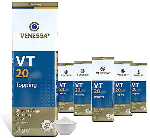 VENESSA VT20 Topping Pulver, 5 x 1kg Milchpulver für perfekten Milchkaffee und Cappuccino, 5er Vorratspackung, Kaffeevollautomaten & Vending geeignet (20% Magermilchpulver)