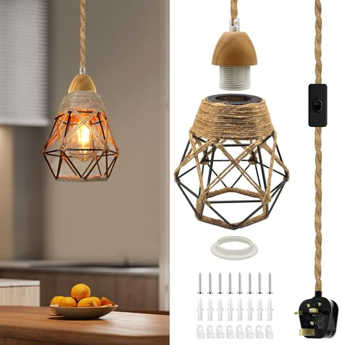 Industrial Hemp Rope Pendant Light Fittings, 16.7ft Vintage Wood Plug in Pendant Lighting with Metal Lampshade, Rustic Hanging Lamps with Plug and Switch,E27 Lamp Holder,Retro DIY lamp kit for Cafe